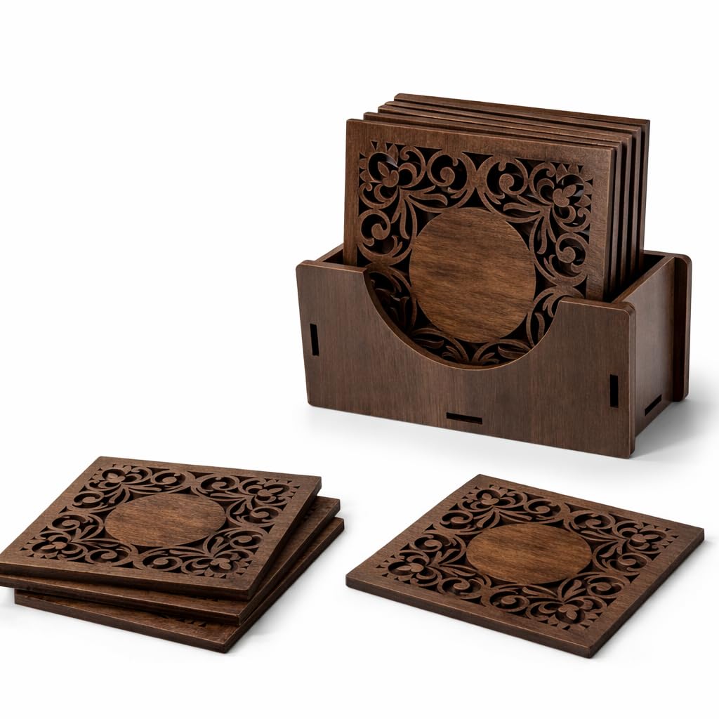 Tea Coasters for Tea Cups and Coffee Mugs, Set of 6 with Holder, Brown, Premium Wood Finish, Heat Resistant Cup and Mug Coasters for Kitchen, Dining Table and Office Desk, Ideal for Gifting