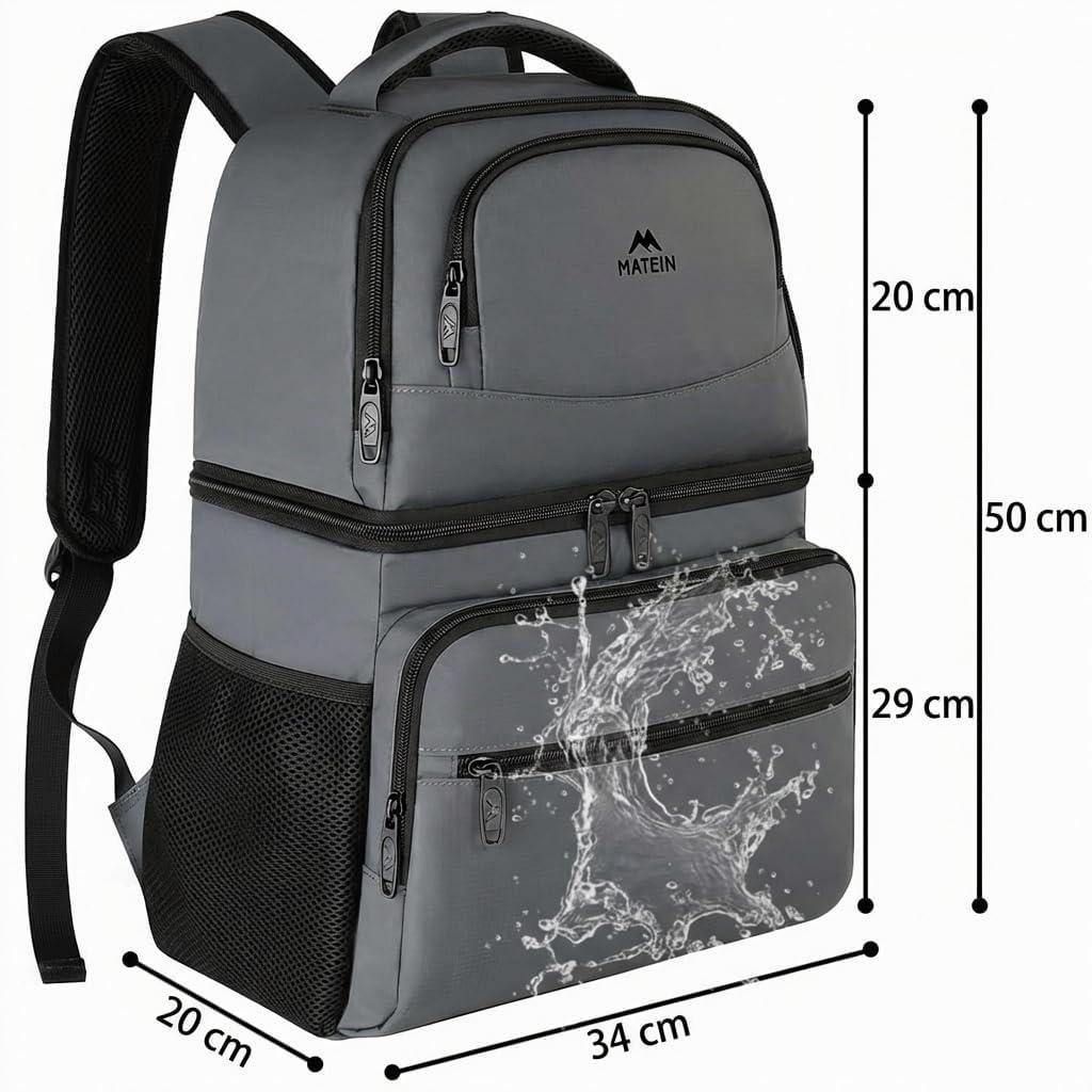 MATEIN Mochila Nevera 30 litros con Capacidad de hasta 40 Latas, Mochila Termica Porta Alimentos de Doble Compartimento Ligera y Antifugas Bolsa Isotermica para Playa, Camping y Senderismo, Gris