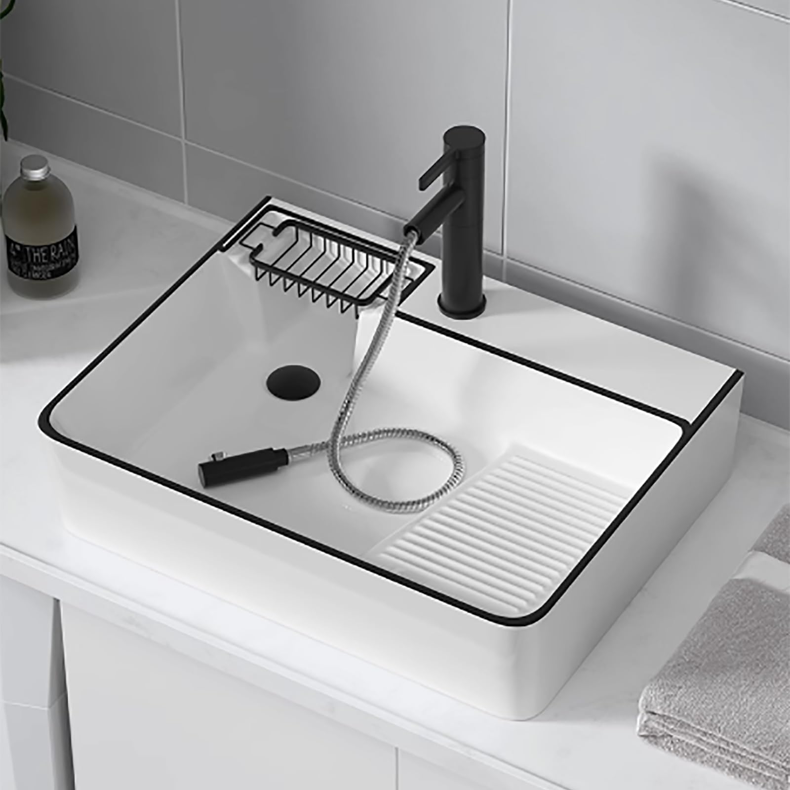 Fregadero rectangular de cerámica de porcelana moderna con grifo extraíble y drenaje lateral izquierdo para cocina, restaurante, lavandería