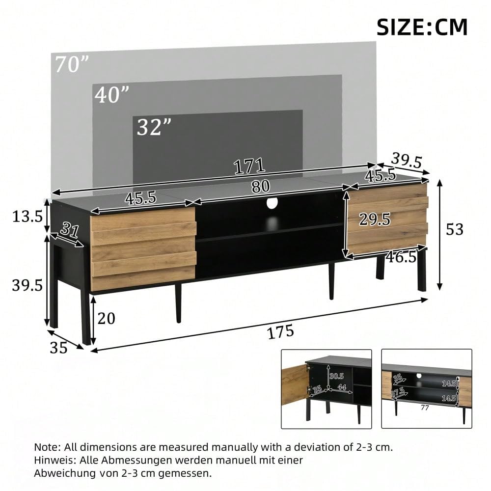 Stojak do telewizora 175 cm z półką, 2 drzwi Lowboard + otwarta półka, konsola do telewizora do 70 cali, wymiary 175 x 39,5 x 53 cm