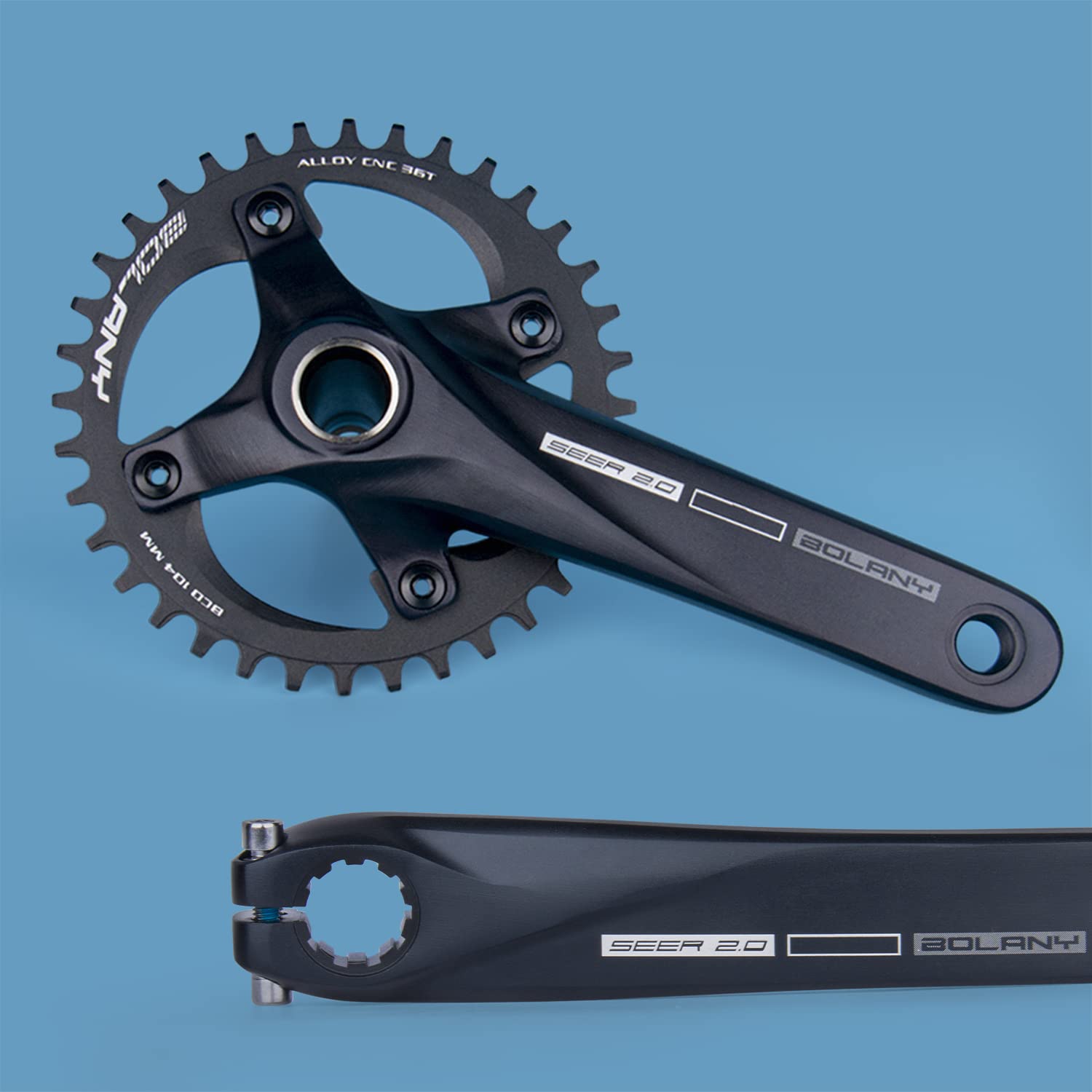 BOLANY Fahrrad Kurbelgarnitur 170mm kurbel 104BCD Hollowtech-Kurbelgarnitur 1 Fach Einzelspeed-Rundkettenblatt 34T/36T Zähne MTB Kurbelsatz mit Tretlager