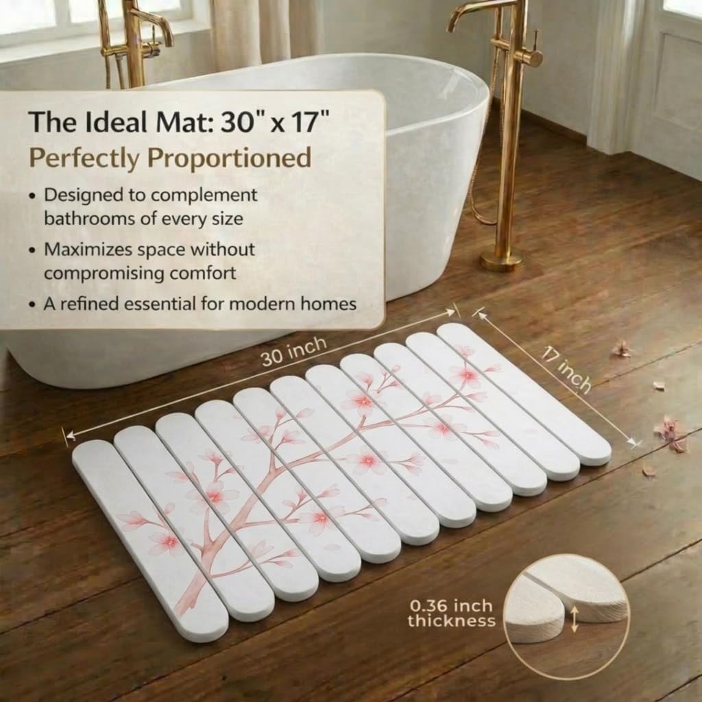 Foldable Stone Bath Mat Large 30" x 17" – Diatomaceous Earth Quick Drying Non-Slip Bathroom Mat – Super Absorbent Mat, Durable & Easy to Clean, Modern (1, Beige - Sakura, Large 30" x 17")