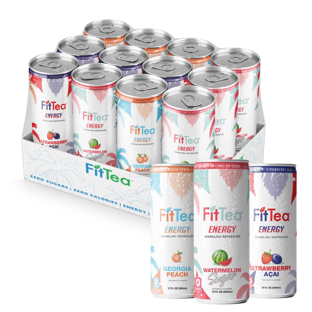 FitTea Healthy Energy Drink 12 Fl Oz - Endless Summer Variety Pack (12 Pack) - Natural Green Tea Energy Drinks Sugar Free