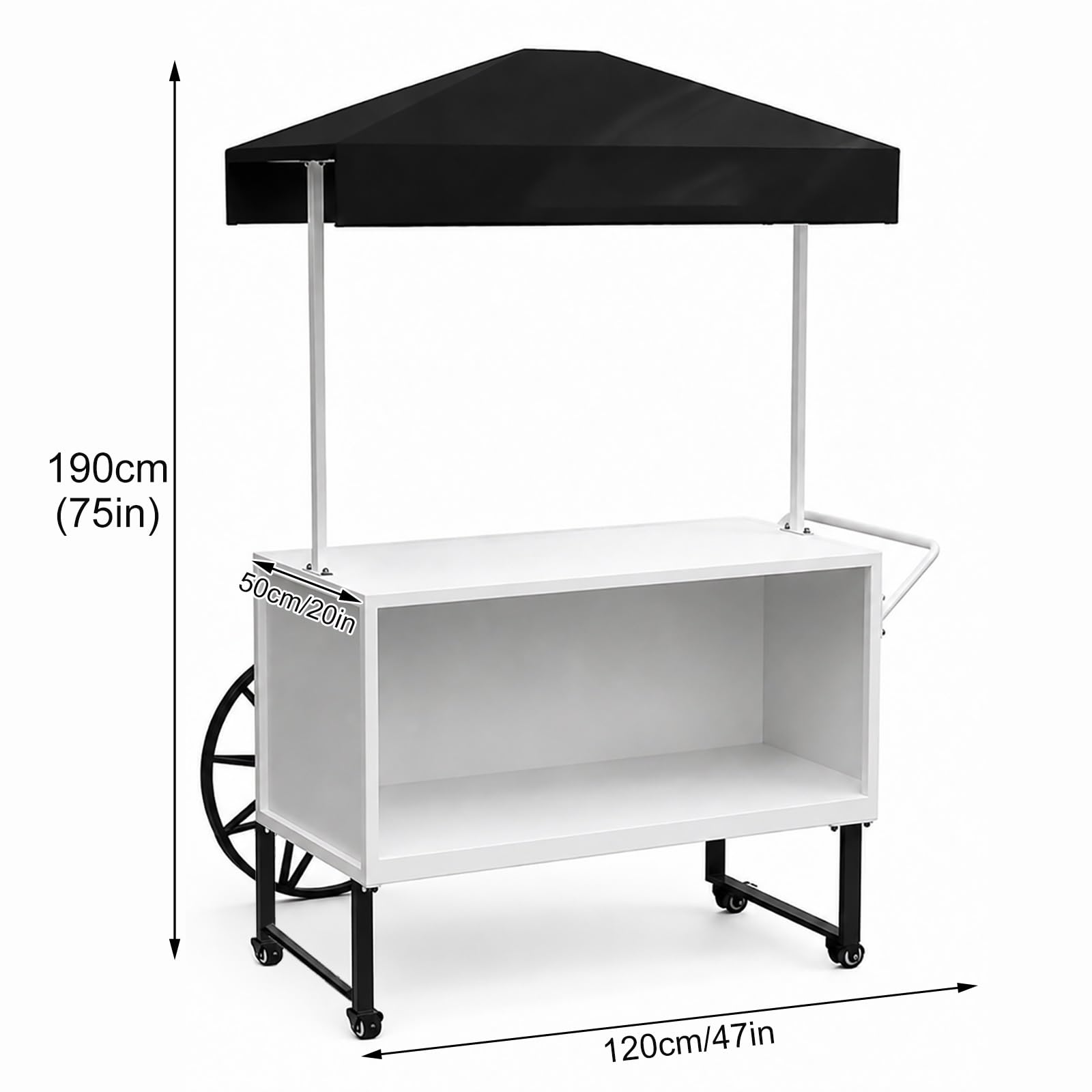 Carrito de Venta con Toldo, Puesto Ambulante con Ruedas, Stand Expositor para Mercadillos y Eventos Promocionales, Puesto para Mercado Agrícola(Orange,120x50x190cm/47x20x75in)