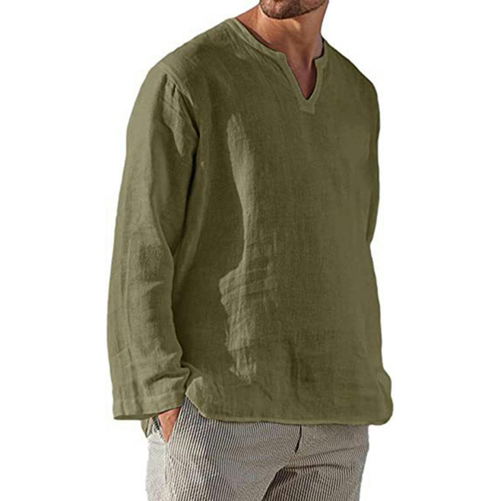 Uomo Maglia a Maniche Lunghe in Cotone Camicia di Lino Uomini Breve Traspirante Comodo Colore Solido Manica Lunga Camicetta Casuale-Bianco-5Xl