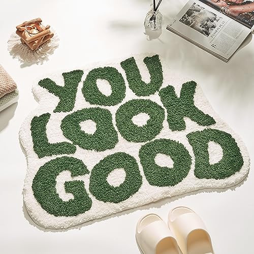 DyeFury You Look Good Bath Mat Green Cute Cool Bathroom Rug Fun Bathroom Mats Funny Funky Decor Soft Microfiber Bath Rug Trendy Green Bath Shower Mat 25 x 21