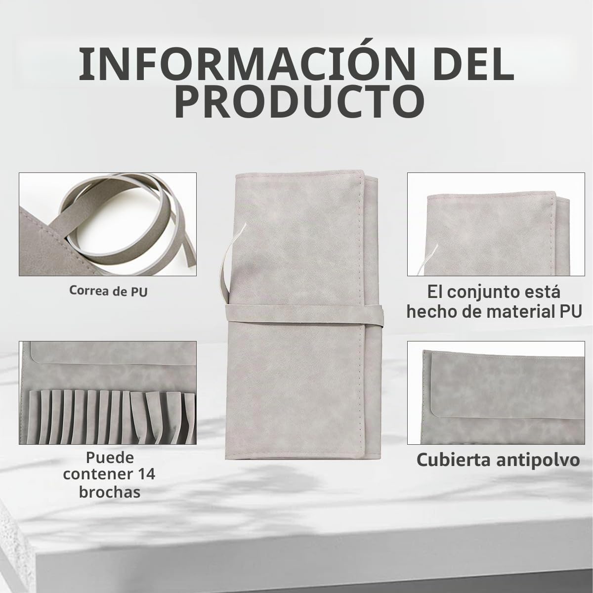 Estuche enrollable para brochas de maquillaje suave gris, organizador de brochas cosméticas mini, portátil, con 14 bolsillos, para viajes de negocios, bolsa de transporte