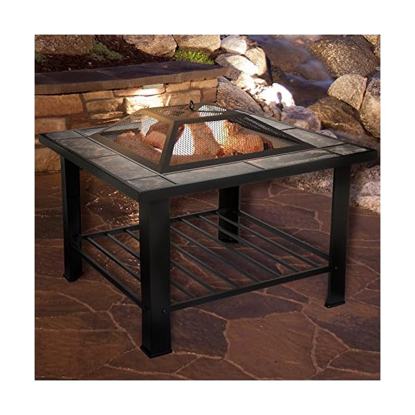 Pure Garden 50-104 Table – 30-Inch Square Wood Burning Bonfire Pit with Marble Edge, Spark Screen, Tile Fire Bowl Cover, Log Poker (Black) - Image 3