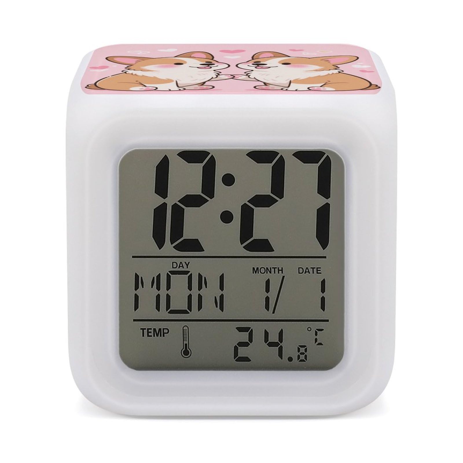 Reloj digital de escritorio Corgis con luces LED de colores, fecha y temperatura ambiente