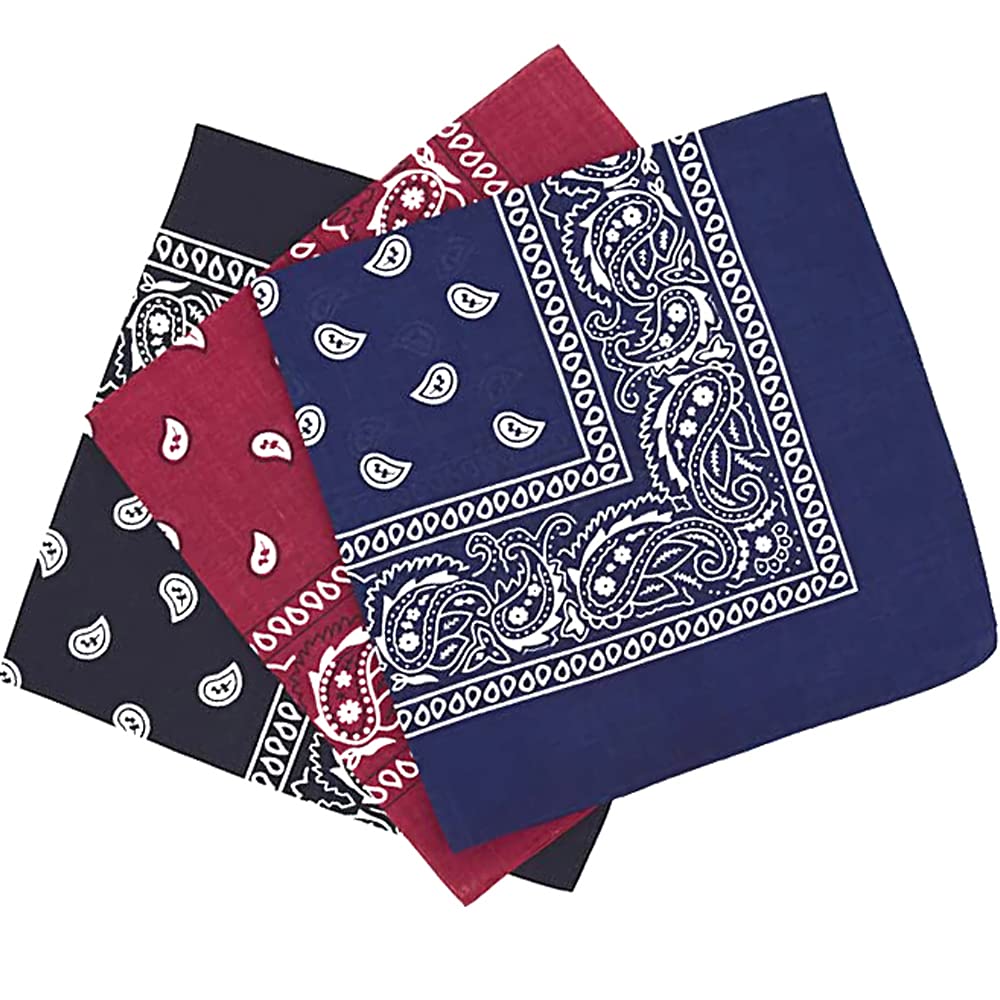 Kav Unisex Black, Navy Blue, Wine 55X55cm Set Of 3 Bandanas Face Mask Assorted Cowboy Multifunctional Paisley Bandana - Novelty Print Head Wrap Scarf Wristband For Outdoor Sports, Hiking, Cycling