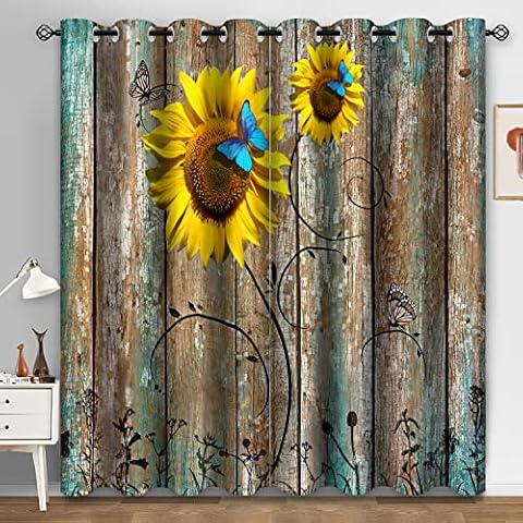 Aimego Rustic Floral Sunflower Blackout Curtains - Room Darkening Curtains Farmhouse Country Wooden Plank Blue Butterfly Window Drapes Decor for Bedroom Living Room Grommet 2 Panel Set, 42"X63" Cover