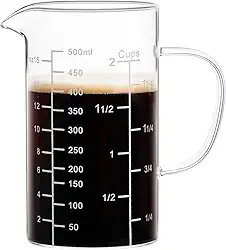 Copo medidor, copos de medição de líquido com três escalas e boca em forma de V, xícaras de café de vidro com alça, copo de vidro para cozinha ou restaurante 500 ml