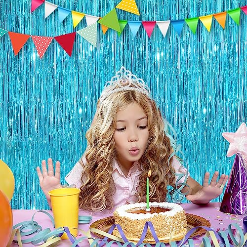 Image of 2Pack Blue Party Streamers 3.3x 8.3ft Foil Fringe Curtains Metallic Photo Booth for Birthday Wedding Baby Shower Underwater Ocean Party Decorations Tinsel Curtain for Parties Streamers Tinsel Backdrop
