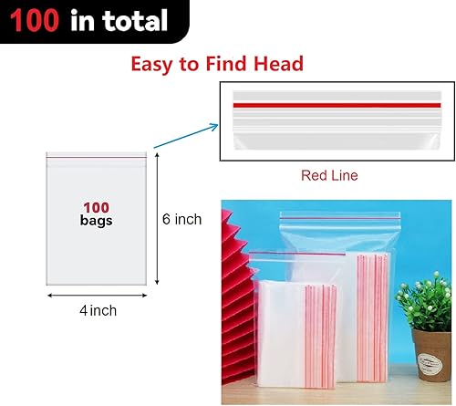 Miniatura 2 de Bolsas de celofán transparentes de 100 unidades con línea roja bolsas de polietileno de plástico con cierre resellable de 3 mils de grosor 6 x 9