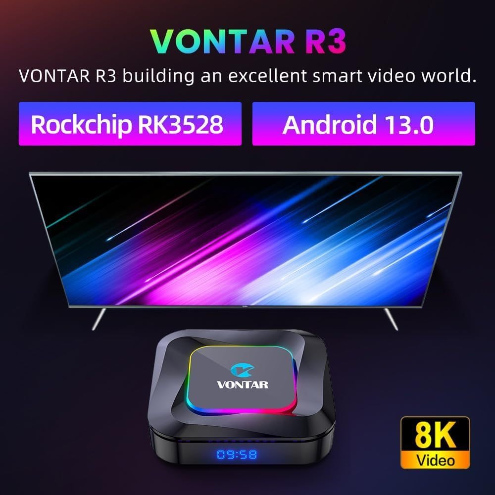 CHROX Android 13.0 TV Box, Vontar R3 Set Top Box RK3528 Quad Core CPU MALI-G31 MP2 GPU H.265 Décodage 2,4g / 5g WiFi 10 / 100M DLAN Smart TV Box Box,4gb+32gb