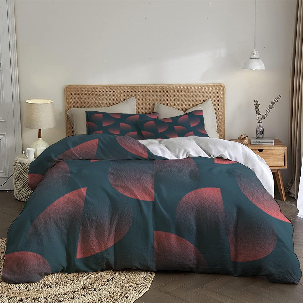 NIBAINLO 布団カバー赤い分割円の幾何学模様 肌に優しい ピーチスキン加工 掛け布団カバー 和式 洋式 あったか 布団カバーセット リバーシブル ホームステイ ホテル 家庭兼用