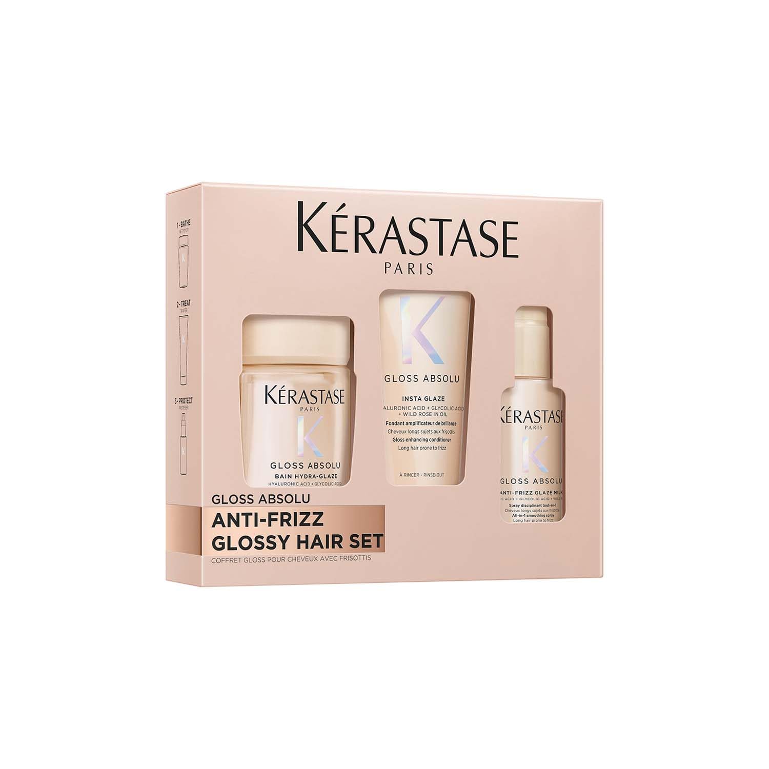 KÉRASTASE Gloss Absolu - Coffret Découverte - Cheveux Longs Sujets aux Frisottis - Acide Hyaluronique, Acide Glycolique et Huile de Rose Sauvage - Shampoing, Après-Shampoing et Spray - Format Voyage