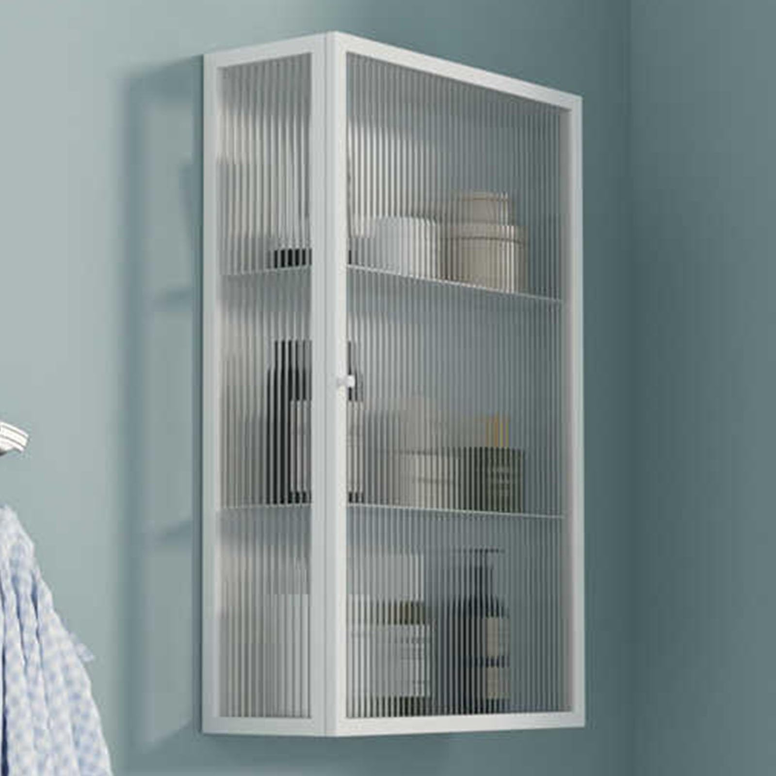Armoire à pharmacie en verre trempé avec cadre métallique blanc ouverture gauche