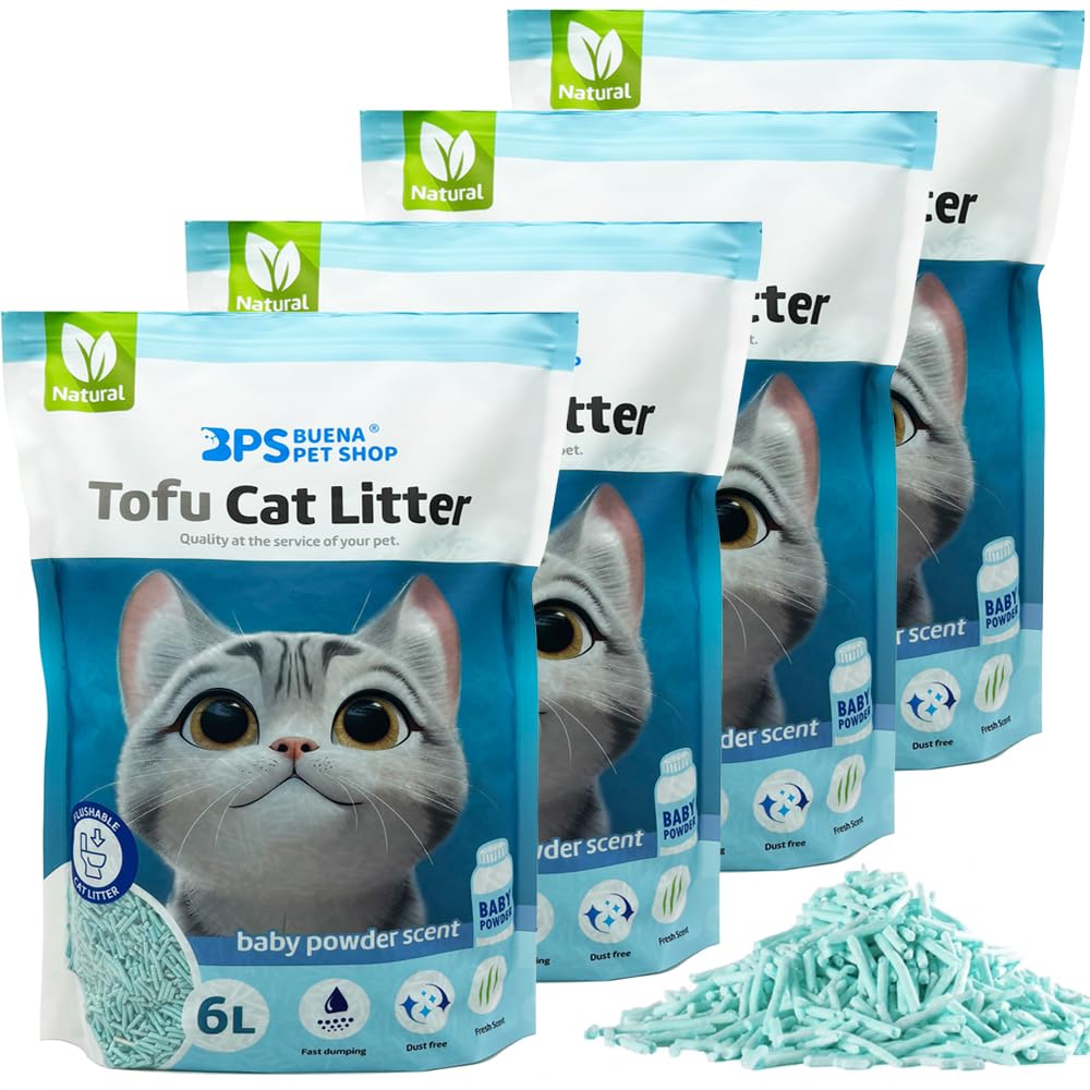 BPS Arena Aglomerante para Gatos Arena 6L de Tofu para Gatos sin Polvo Fácil de Aglomerar Controla los Olores se Lanza en el Inodoro (4Pcs, Baby Powder) BPS-15456 * 4