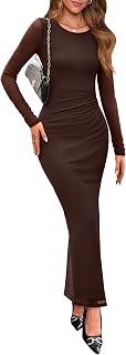 Women's Bodycon Maxi Dress Fall Fashion Long Sleeve Floral Print Tight Fitted Party Club Ruched Dresses