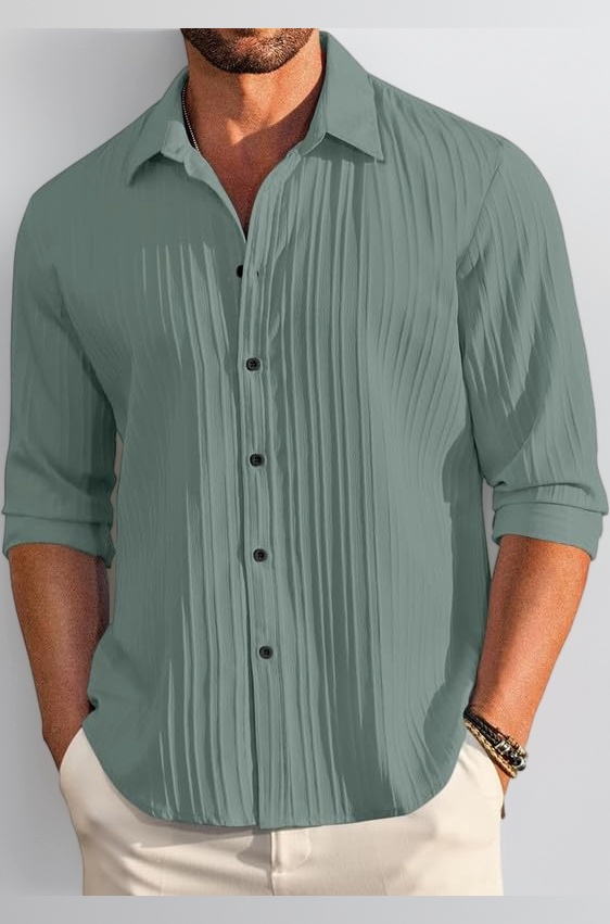 Men's Casual Cotton Plain Button Down Shirt Long Sleeve Textured Summer Beach Shirt for Men