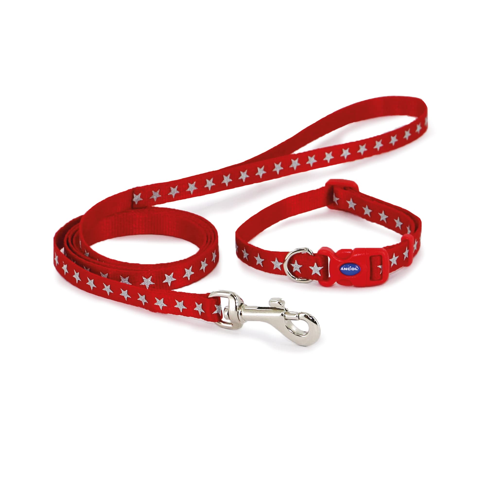 Ancol Small Bite Reflective Collar and Lead set for small dogs and puppies- Red Stars