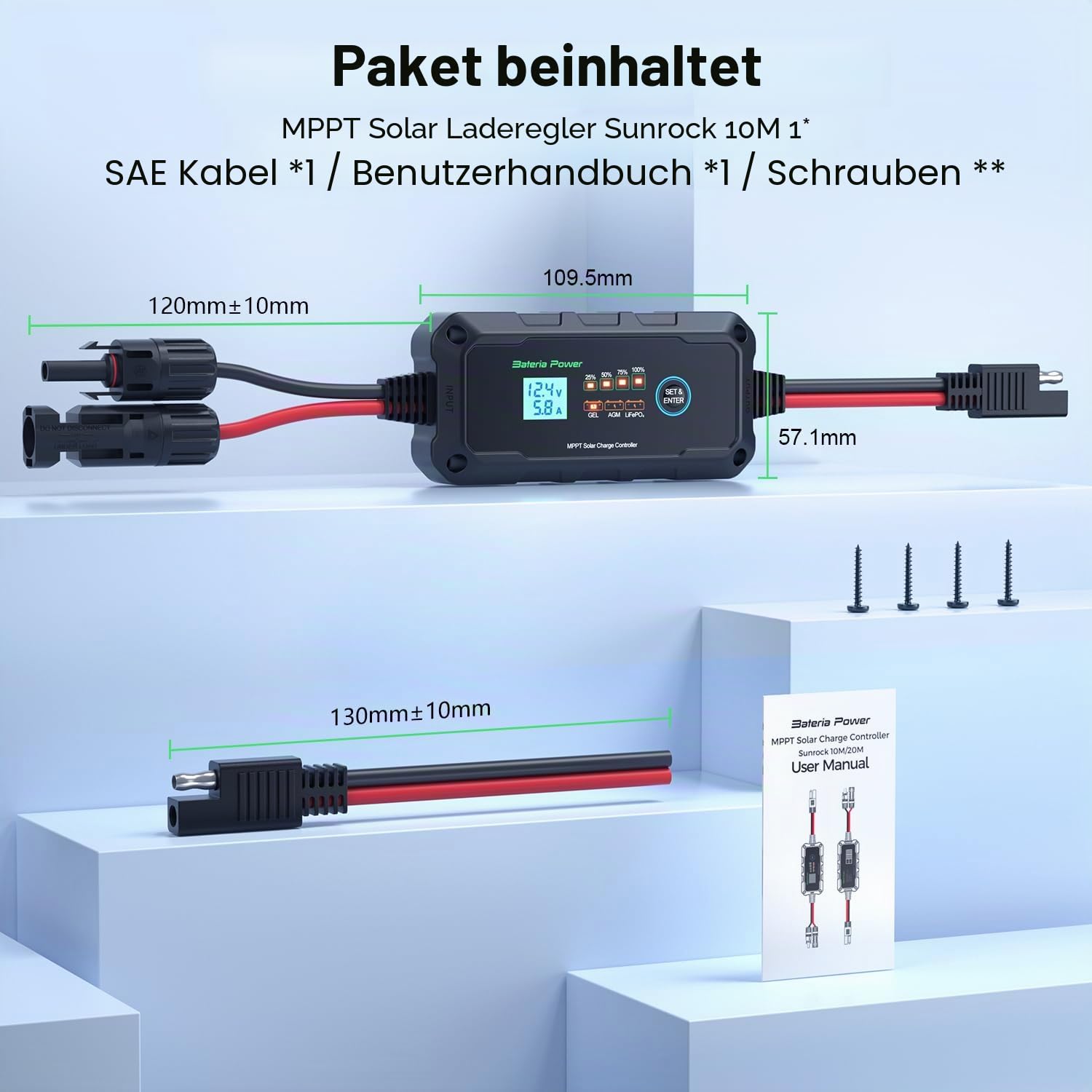 Bateria Power 10A MPPT Solarladeregler 12V MPPT Laderegler Solar mit LED und LCD-Display, Anwendbar auf Versiegeltem Flooded Gel AGM Lithium LiFePO4 Batterie