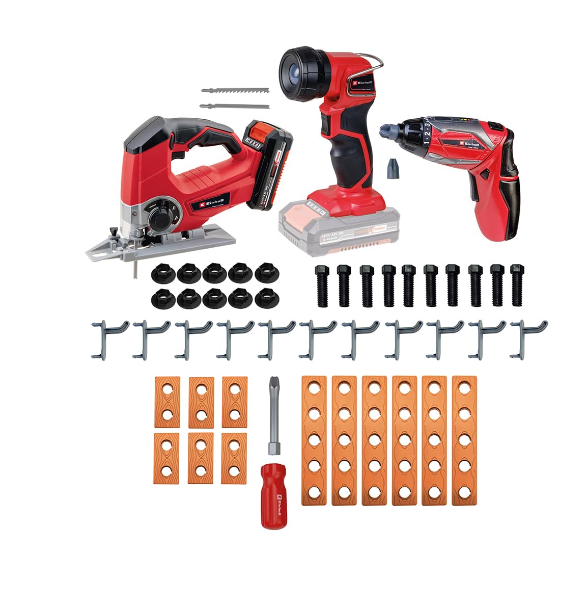 Einhell E-Case Werkbank 110-tlg., inkl. Mini-Schrauber, Stichsäge, Akku-Lampe und reichlich Zubehör, Größe ca. 70x33,5x95 (H) cm, Die erste transportfähige und mitwachsende Werkbank für Kinder. 3 Spie