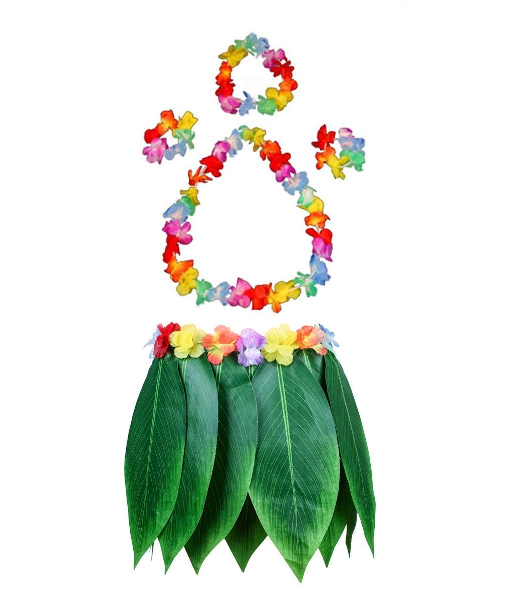 Fortuning's JDS Boys Girls Hawaiian Flowers Leaf Grass Skirts Garland Costume Set Beach Party Favors (5Pcs)