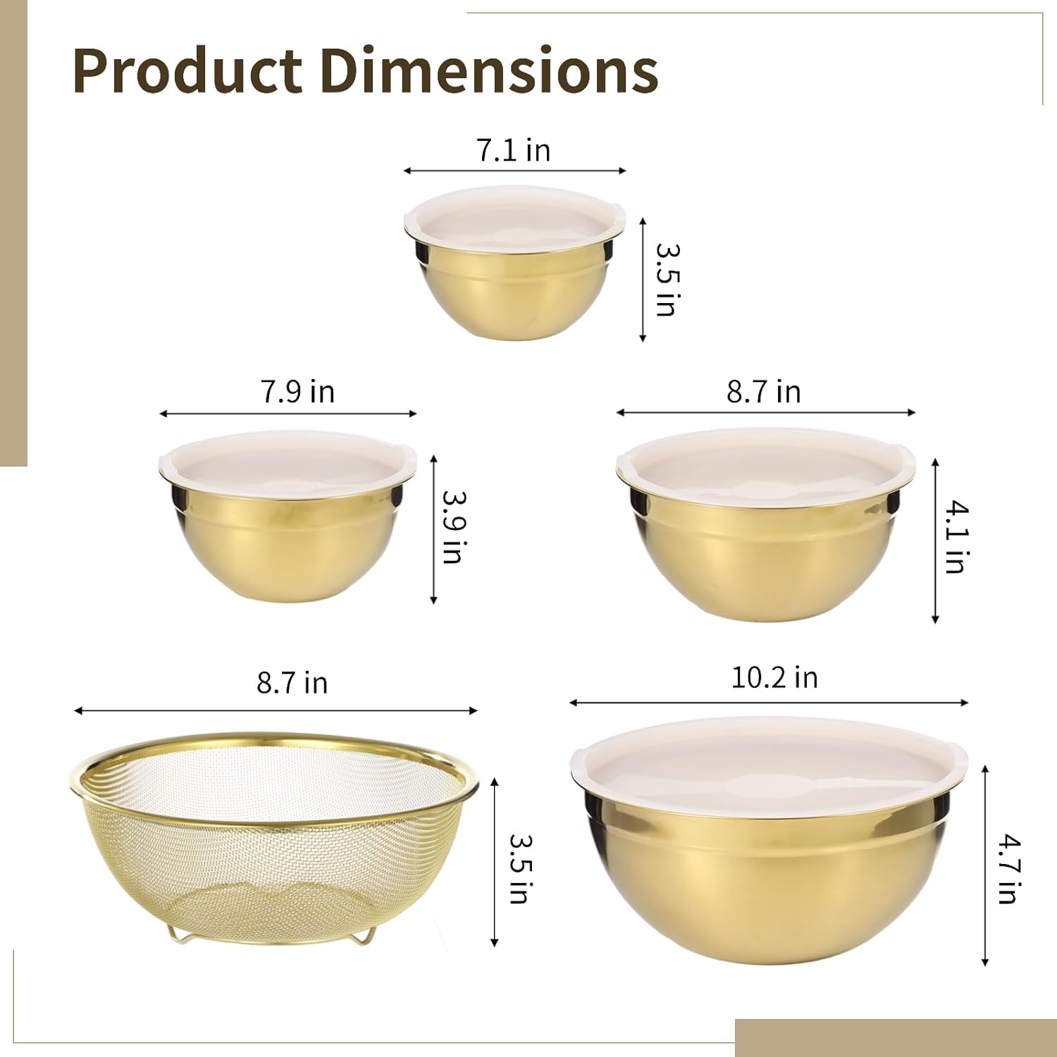 5 PCS Golden Mixing Bowls, Stainless Steel Salad Bowls with Airtight Lids, Mirror Finish Nested Mixing Bowl Set with Mesh Strainer, 4 Bowl Sizes for Baking, Meal Prep, Food Serving