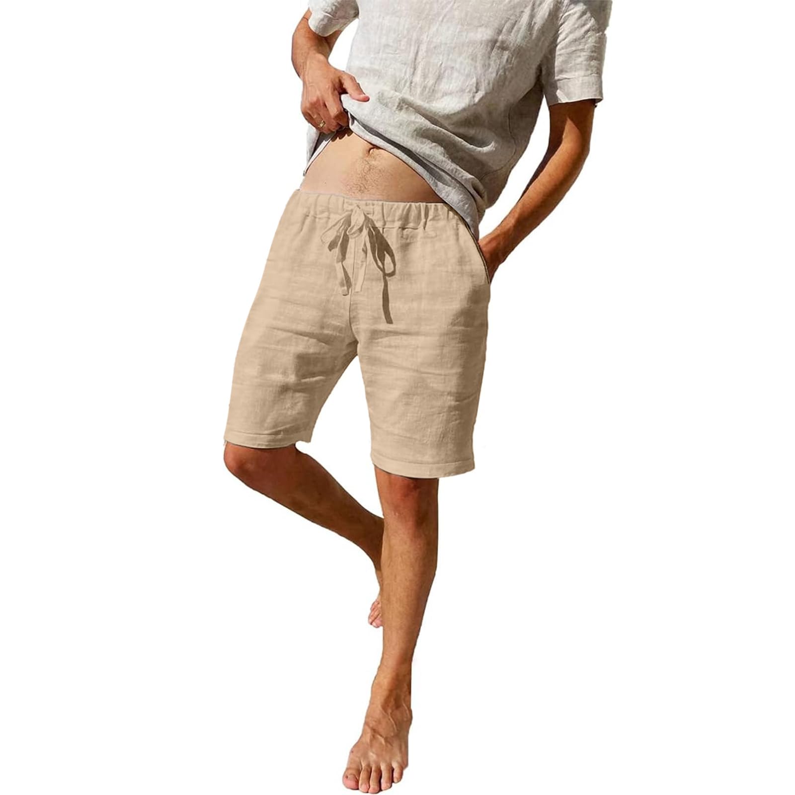 Puimentiua Leinenhose Herren Kurz,Sommer Leinen Shorts,Kurze Hosen,Loose Fit Baumwollehose mit Tunnelzug und Taschen (S-3XL)