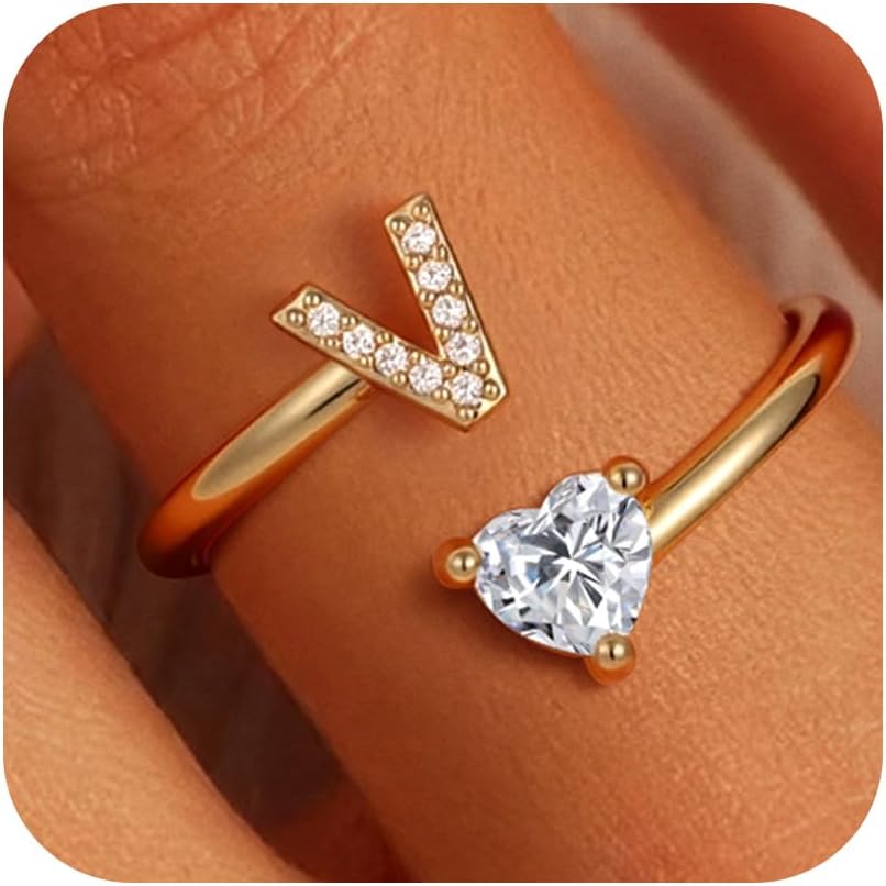Initial Heart Rings for Women - 14K Gold Plated Adjustable Letter A-Z Rings Fashion Jewelry Gifts for Women