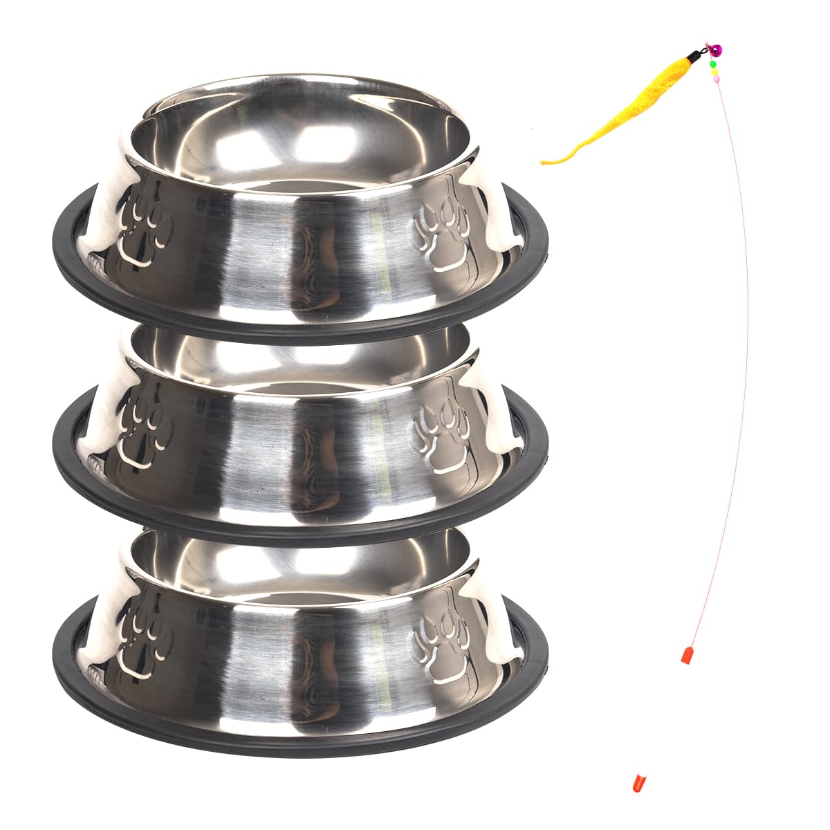 3 Pcs Stainless Steel Cat Bowl + 1 pcs Cat Feather Toys, cat feeding bowl,cat water bowl,cat food bowl,metal dog bowl,dog water bowl,dog food bowl