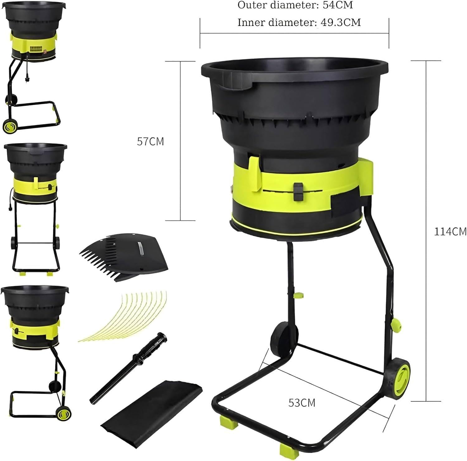 Trituradora de jardín portátil de 2500 W con ruedas, trituradora de hojas eléctrica con cable, 8000 rpm, bolsa recolectora y embudo de 54 cm de diámetro.,Powercord×30m