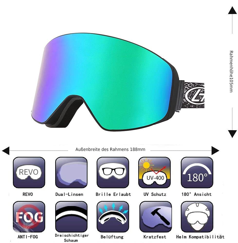 OBAOLAY maschera da sci, maschera da snowboard protezione UV maschera da neve anti-vertigini anti-appannamento verde