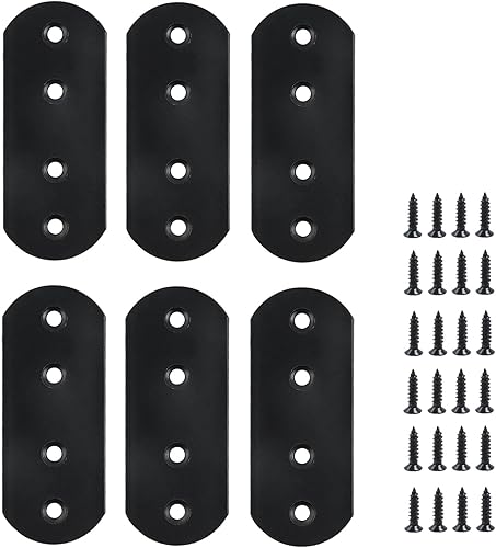 T Tulead Soportes planos de metal rectos de 4 agujeros negros de 3.7 x 1.5 pulgadas, 6 unidades con tornillos de montaje