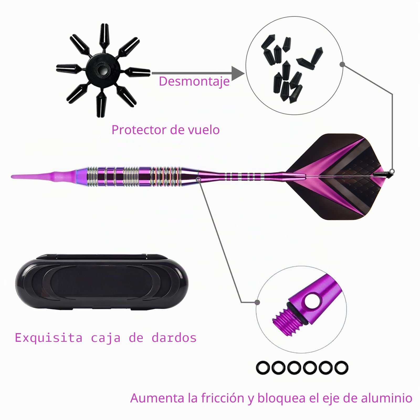 Dardos con punta de plástico de 21 gramos, juego de 3 dardos profesionales blandos, accesorios para dardos electrónicos con caja de almacenamiento (morado)