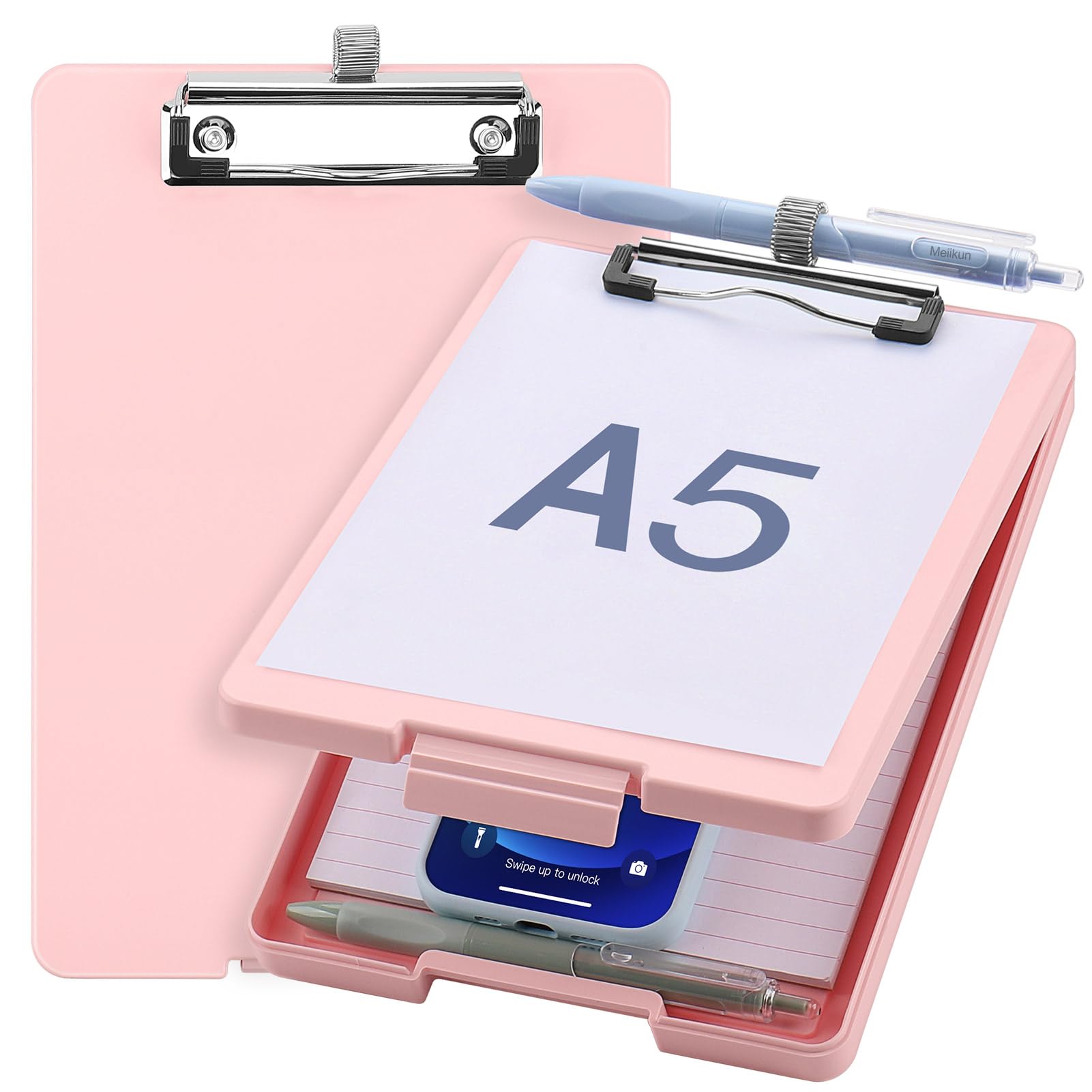 Small Clipboard with Storage, A5 Clipboards with Pen Holder, Half Letter Clip Boards 6x9 Mini Plastic Clipboard with Low Profile Clip for Classroom, School, Office Supplies (Light Pink)
