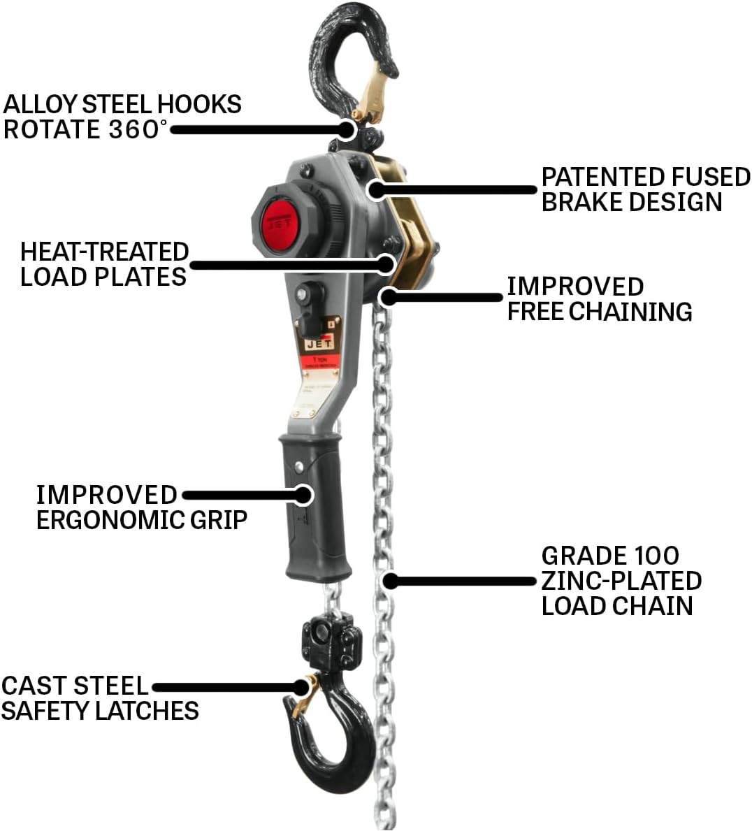 JET 1-Ton Lever Hoist, 10' Lift, Overload Protection (JLH-100WO-10)