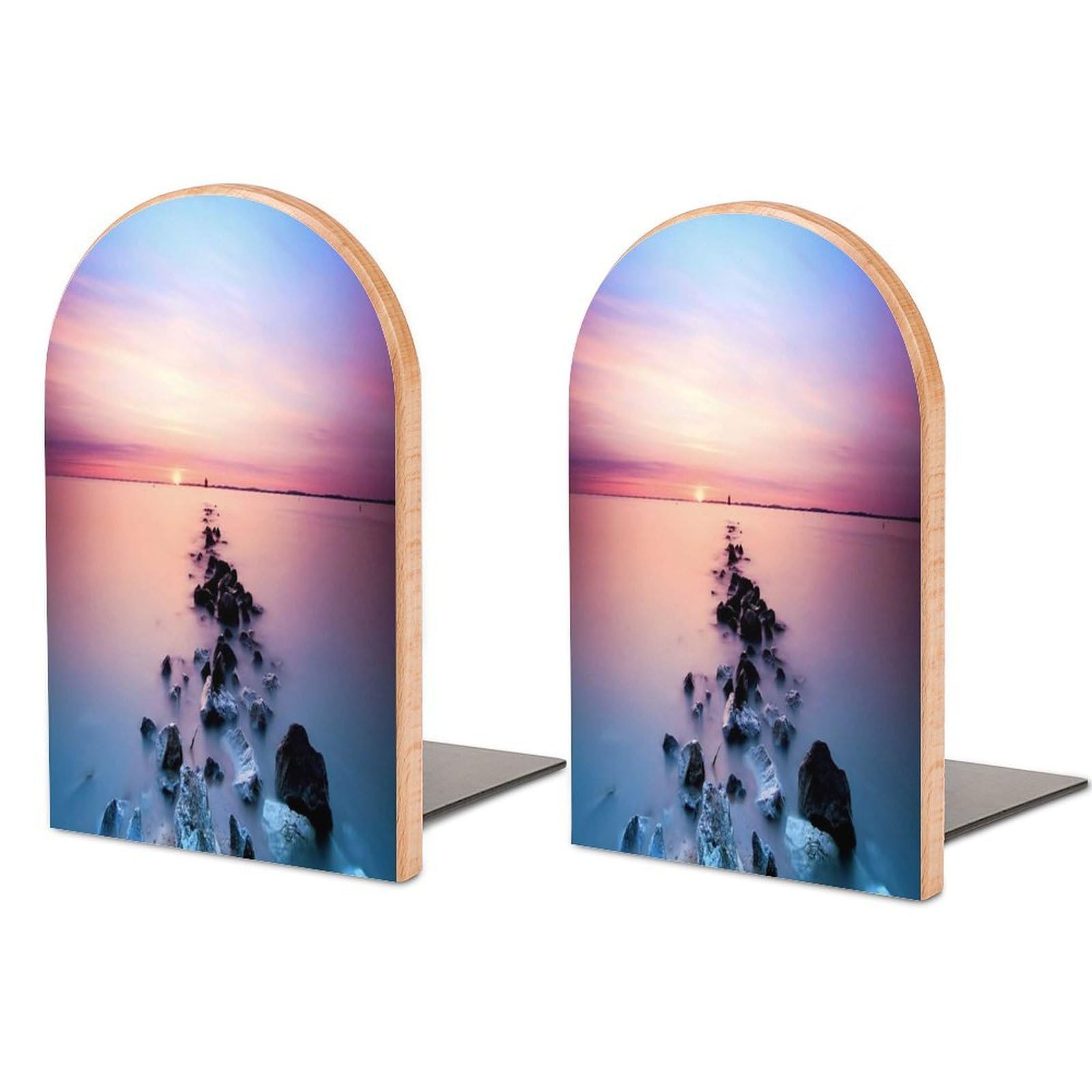 Sunset and Beautiful Sky Beech Wood Bookends Heavy Duty Book Organizers Desktop File Holder for Office Home Bookshelf
