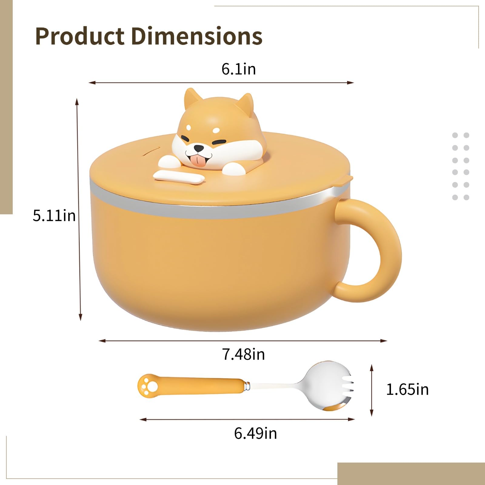 40 Oz Shiba Inu Ramen Bowl with Spork, Insulated Stainless Steel with Phone Stand Lid