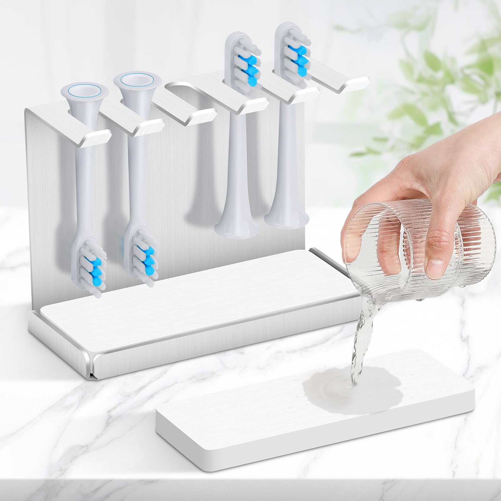 Vandicka Stainless Steel Toothbrush Holder for 5 Electric Tooth brush Heads, Wall Mounted Toothbrush Holder with Water Absorption Tray for Oral B, iO, Philips, etc. Adhesive ToothBrush Stand