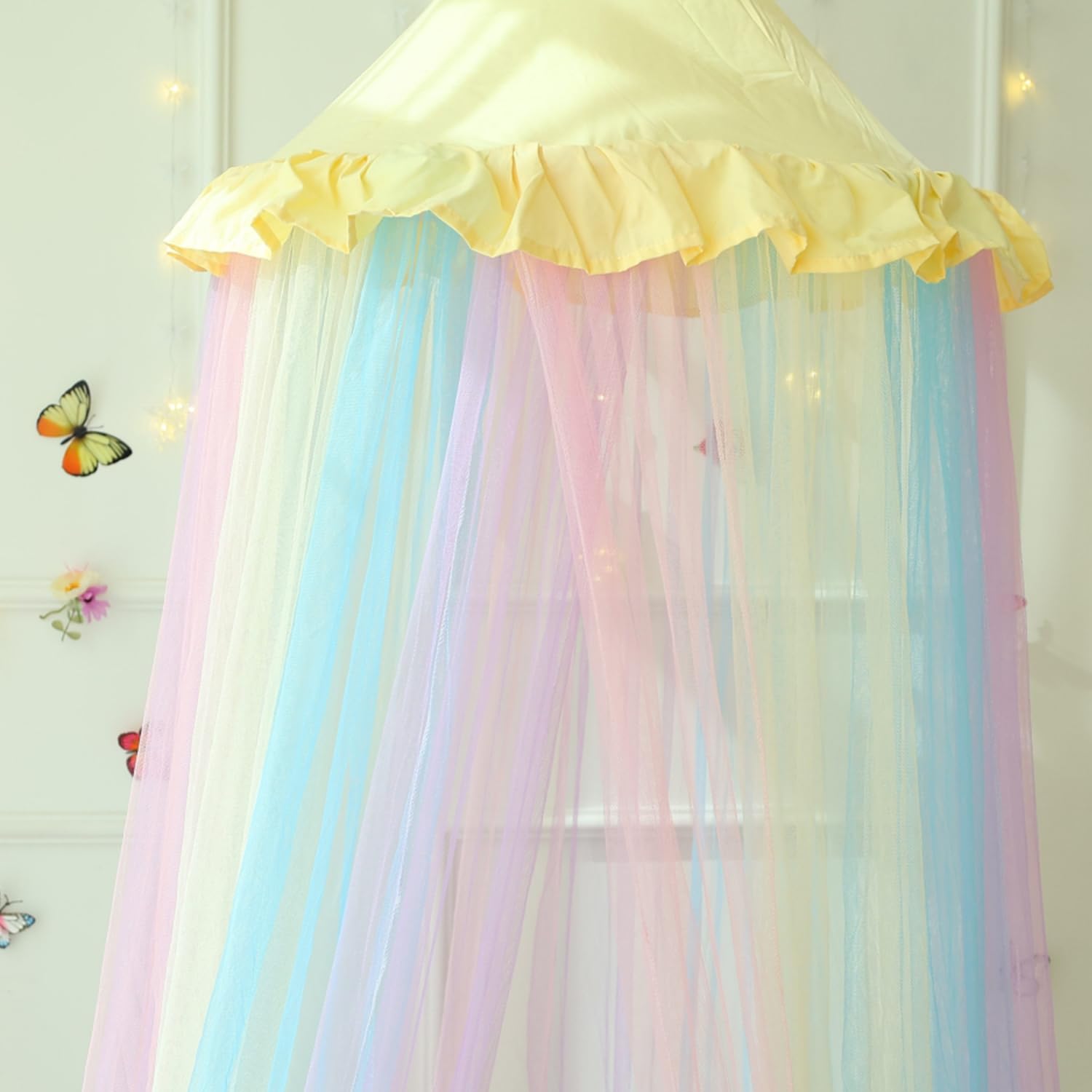 Wnqou Rainbow Bed Canopy for Girls,X-Large Princess Canopy Hanging Netting Bedroom Decor for Girls Mosquito Net for Baby Crib Twin to King Size Bed (Yellow Rainbow) - Image 4