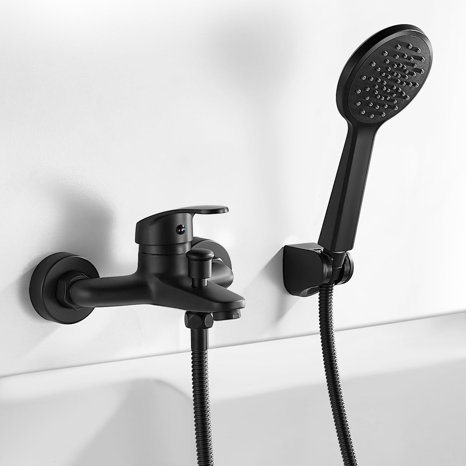 Robinet de Baignoire Noir, Mitigeur de Baignoire Noir avec Douchette et Flexible de Douche (1.5m) Support, Mitigeur monocommande de Douche Mural, Robinet Douche Universel Filetage G1/2