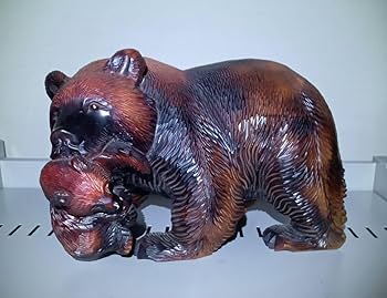 熊の親子 置物　1本の木から作られた　後ろが割れてる　魚を咥えてる　可愛い　動物 熊の親子 置物 1本の木から作られた 後ろが割れてる 魚を咥え
