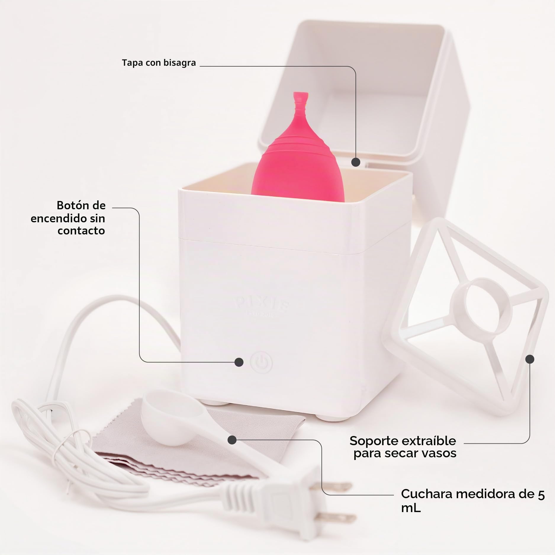 Esterilizador de copa menstrual Pixie + Pixie Cup grande y pequeño - Mata el 99.9% de los gérmenes con la solución de vapor limpiador de copa menstrual - El esterilizador de copa menstrual funciona en