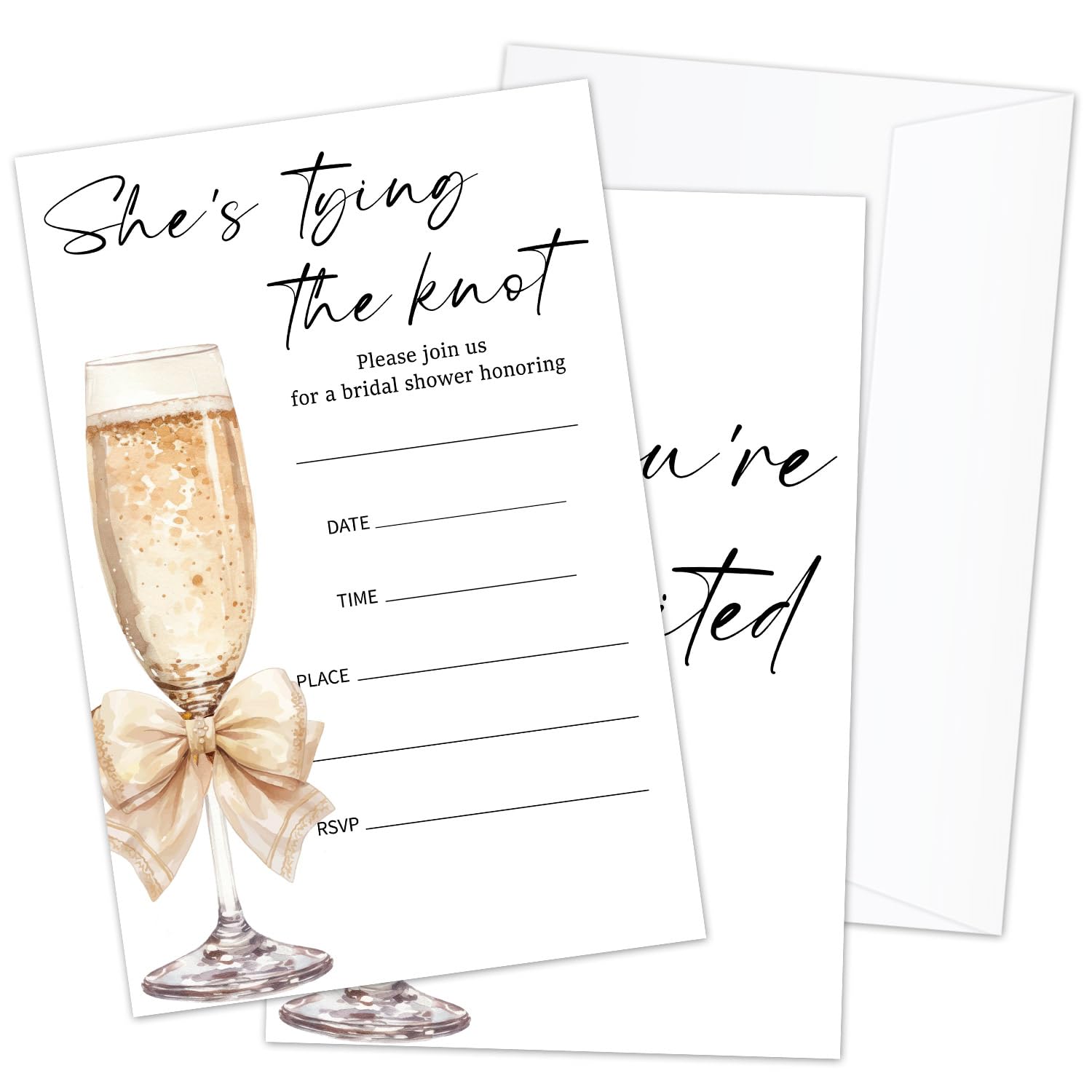 AWDSTN She's Tying The Knot Bridal Shower Invitations, 25 Pcs Champagne And Bow Wedding Invitations with Envelopes for Bridal Shower Wedding