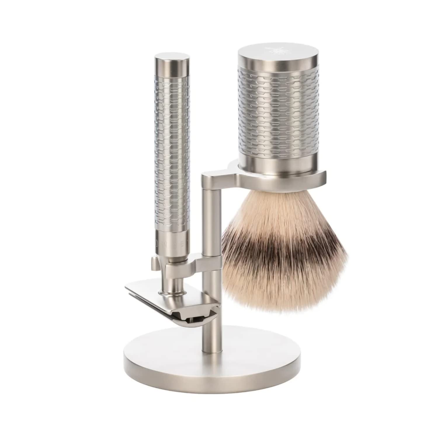 MÜHLE ROCCA Rasierset 3-teilig - Rasierhobel, Rasierpinsel mit Silvertip Fibre, Halterung - Griffe aus Edelstahl