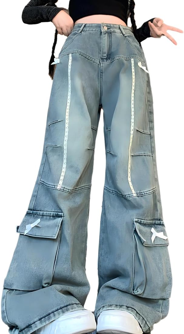 Grunge Y2K Kawaii Gothic Clothes Casual Straight Wide Leg Vintage White Lace Bows Decor Cargo Jeans for Women