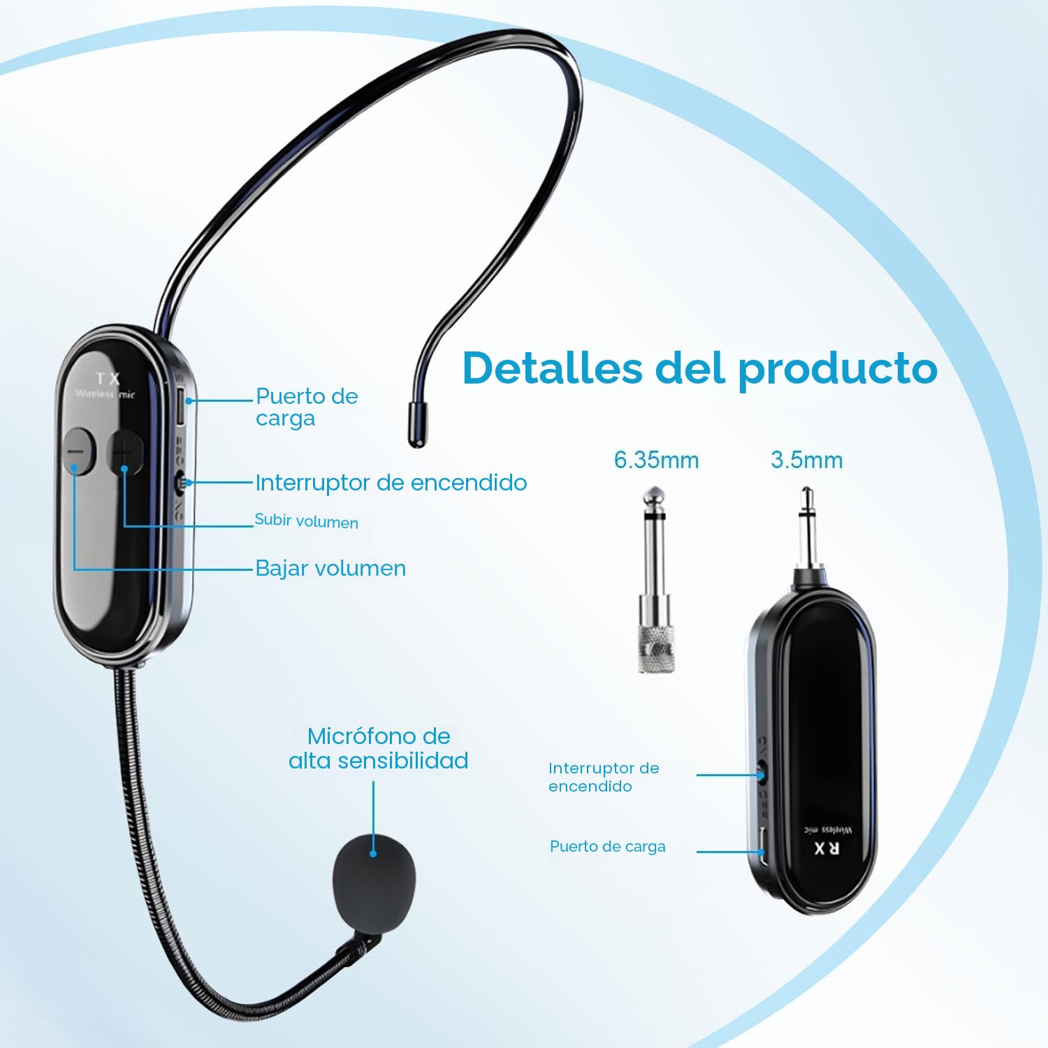 Microfono Inalambrico Diadema, 2.4G UHF Wireless Micrófono Transmisión Inalámbrica de 50M Micrófono Inalámbrico Con Conector Jack de 6,35mm y 3,5mm para Amplificador de Voz, Altavoces, Sistema PA